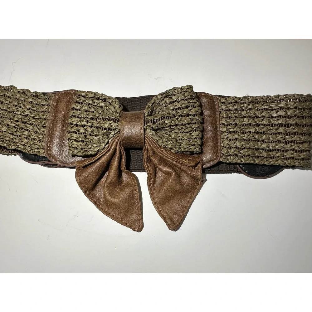 Elastic Stretch Bow Belt Khaki Green Brown Snap Closure